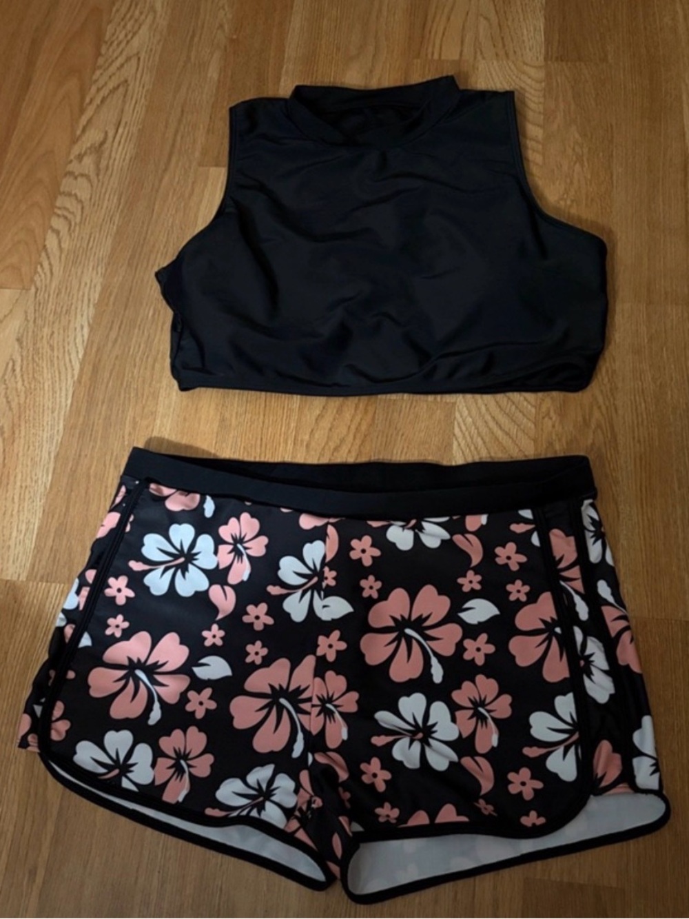 Black Swim Top with Floral Swim Shorts Bottoms | XL